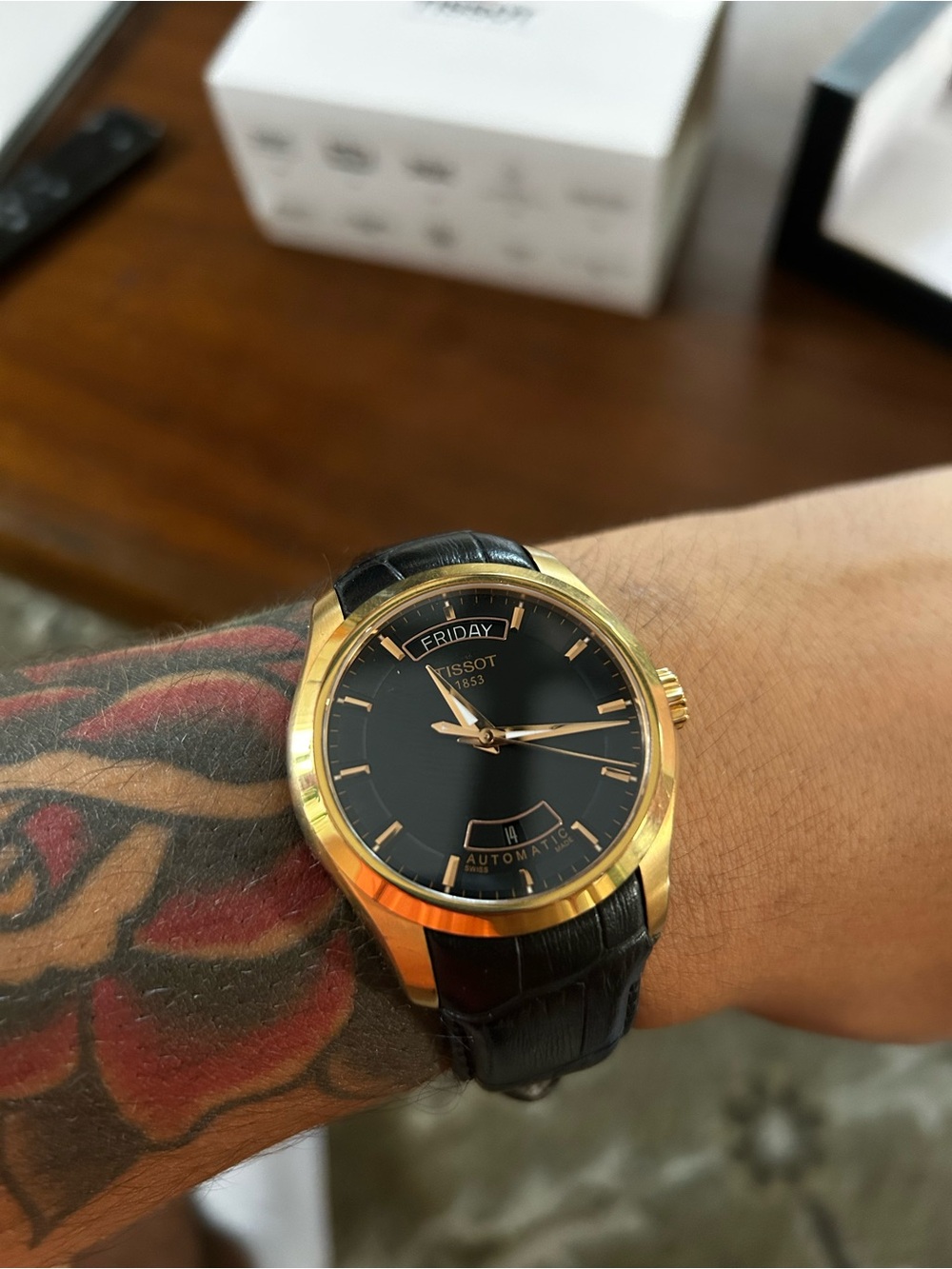 Tissot Automatic Day-Date Gold Tone and Black Leather Men's Dress Watch